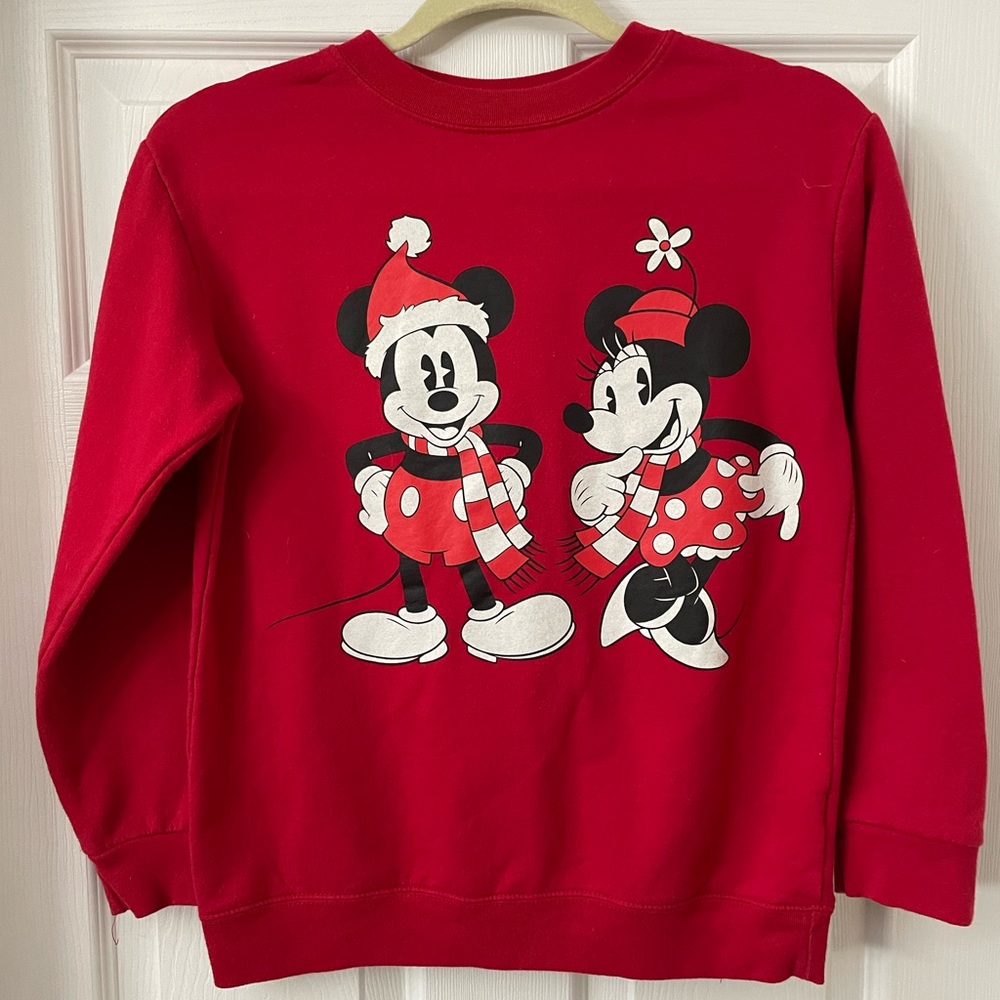 Disney Sweater Youth Large Red Crewneck Sweatshirt Long Sleeve Mickey/Minnie.
